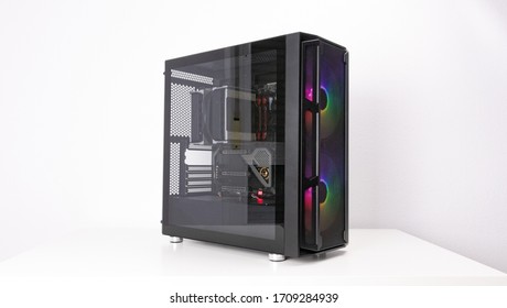 Gaming PC With RGB LED Lights And Big Fans On The Front. Computer Assembled With Hardware Components