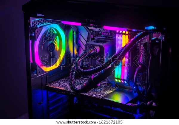 Gaming PC with RGB LED lights on a computer,\
assembled with hardware\
components
