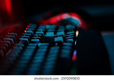 Gaming setup featuring a neon illuminated keyboard and mouse for online activities