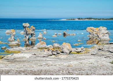 Gamla Hamn Faro island in Sweden  Faro island in the Baltic sea is famous for its unique limestone sea stacks called ”raukar” by the local population 