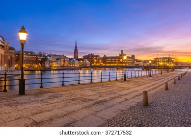 Gamla Stan In Stockholm, Sweden Is Lit By The Light Of The Setting Sun