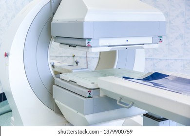 Gamma Camera In The Clinic Of Nuclear Medicine. Medical Equipment In The Parlor Of The Hospital. Body Examination Equipment. 