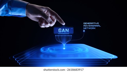 GAN Generative Adversarial Network Concept. Human Hand touching Neural Networks