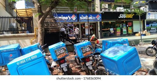 GANDHINAGAR, GUJARAT/INDIA - JUNE 18, 2020: Domino's And Subway At Gandhinagar During Coronavirus Pandemic.