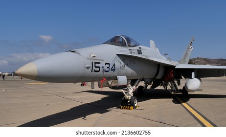 Gando Airport Gran Canaria Spain OCTOBER, 21, 2021 Supersonic fighter plane parked. Close up front view with copy space. McDonnell Douglas F-18 Hornet of Spanish Air Force