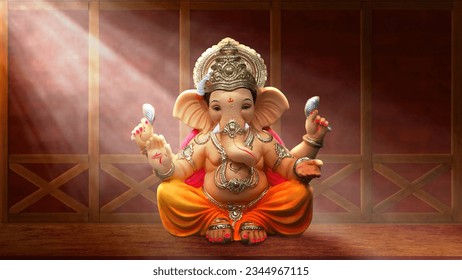 Ganesh Illustration of colorful hindu lord Ganesha on decorative background- Graphical poster modern art 3D wallpaper - Shutterstock ID 2344967115