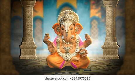 Ganesh Illustration of colorful hindu lord Ganesha on decorative background- Graphical poster modern art 3D wallpaper - Shutterstock ID 2345975315