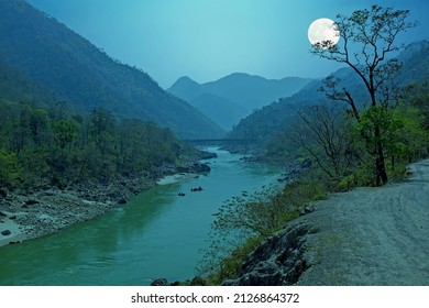 Ganga River In The Himalayas In India Asia With Full Moon