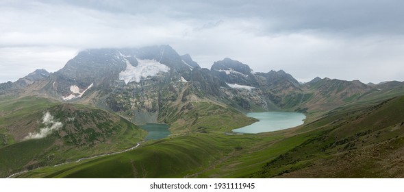 Gangabal Lake and Nundkol Lake at the base of Mount Harmukh as seen from the summit.These are the last twin lakes on the Kashmir Great Lake trek which is an alpine high altitude trek in Kashmir Valley