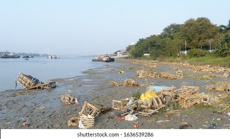 Ganges Water Pollution Polluted Holy Ganga With Human Waste, Industrial Leftovers, Domestic Sewage And Religious Rituals From Towns Cities Poses Threat To Health Environment. Kolkata India May 2019