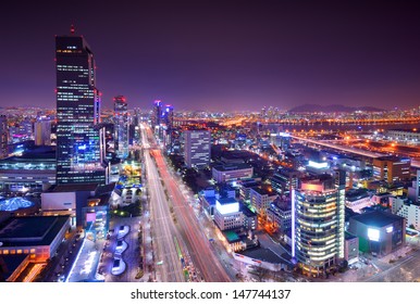 Gangnam District, Seoul, South Korea Skyline At Night.