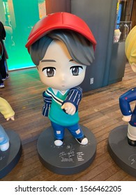 Gangnam, South Korea - Oct 2019: Jimin character figurine at the House of BTS Pop Up Store at Gangnam, Seoul which features limited edition merchandise and showcases MV sets of the group.
