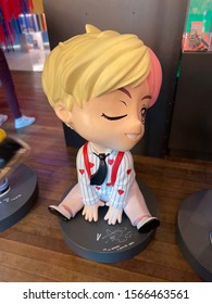 Gangnam, South Korea - Oct 2019: Taehyung, aka V, character figuring at House of BTS Pop Up Store at Gangnam, Seoul which features limited edition merchandise and showcases MV sets of the group.
