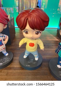 Gangnam, South Korea - Oct 2019: Suga character figurine at the House of BTS Pop Up Store at Gangnam, Seoul which features limited edition merchandise and showcases MV sets of the group.