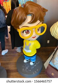 Gangnam, South Korea - Oct 2019: J Hope character figuring at the House of BTS Pop Up Store at Gangnam, Seoul which features limited edition merchandise and showcases MV sets of the group.