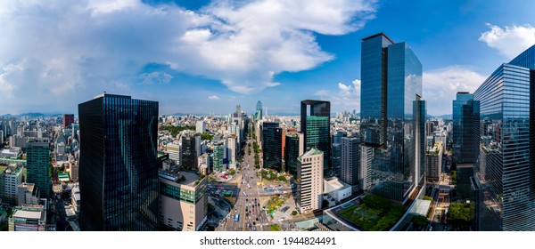 Gangnam Station Intersection, Seocho-gu, Seoul, South Korea - August 3, 2019: Aerial and panoramic view of Seocho-daero Road surrounded by high rise buildings
