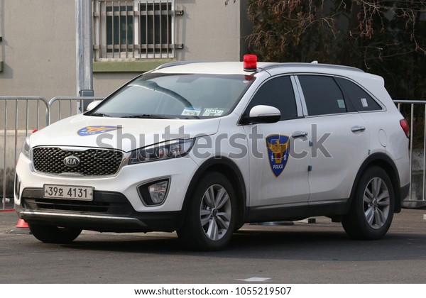 GANGNEUNG, SOUTH KOREA - FEBRUARY 10,\
2018: South Korean police  vehicle provides security near Gangneung\
Ice Arena during the 2018 Winter Olympic Games\
