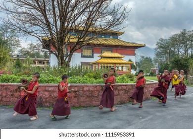 Gangtok, India - May 3, 2017: Unidentified young novice buddhist monks in traditional red robes practicing in playing Tibetan music instrument tingsha in Tsuglakhang monastery, Gangtok, Sikkim, India