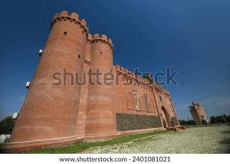 Ganja Gate monumental building, wall from red bricks, entrance to the city
