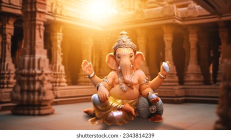 Ganpati, Lord Ganesh Illustration of colorful hindu lord Ganesha on decorative background- Graphical poster modern art 3D wallpaper on fort