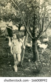 GANSERNDORF, AUSTRIA, CIRCA 1930s - Vintage Photo Of Little Girl And Geese On Farm,  Ganserndorf, Austria, Circa 1930s