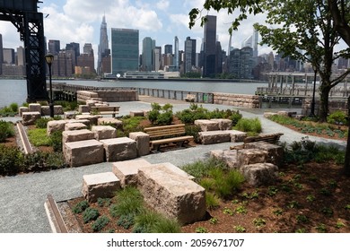 Gantry Plaza State Park With No People Along The East River In Long Island City Queens New York