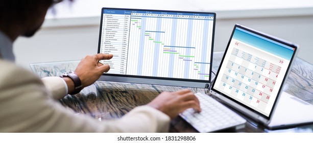 Gantt Schedule Plan On Laptop Screen In Office - Shutterstock ID 1831298806