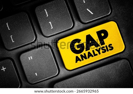 Gap Analysis - involves the comparison of actual performance with potential or desired performance, text concept button on keyboard