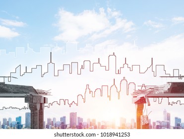 A gap in concrete bridge as symbol of danger and risk with silhouette of cityscape and sunlight on background. 3D rendering. - Shutterstock ID 1018941253