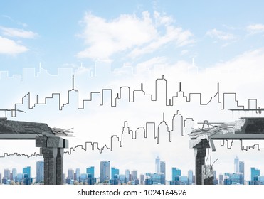 A gap in concrete bridge as symbol of danger and risk with silhouette of cityscape on background. 3D rendering. - Shutterstock ID 1024164526