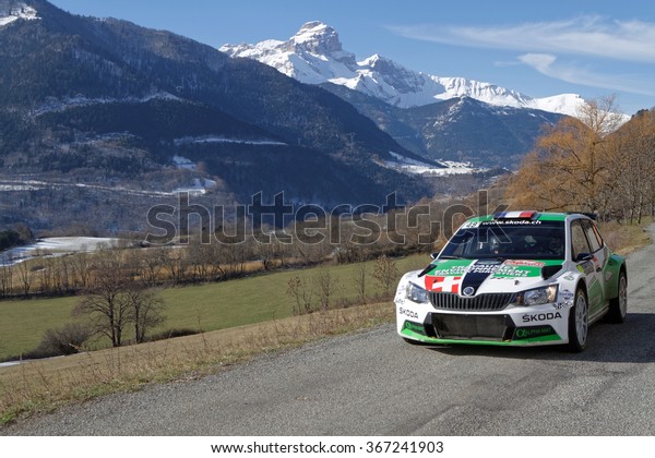 GAP, FRANCE, January 22, 2016 : Monte Carlo Rally\
takes place on the mountain roads of South East France. Monte Carlo\
Rally is a well-known international event organized by Automobile\
Club de Monaco.