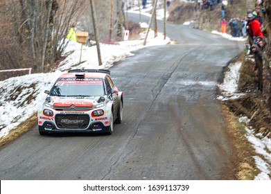 Gap, France - January 25th 2020 : Monte Carlo WRC, Nicolas Ciamin And Yannick Roche In Their #28 Citroën C3 R5, WRC3