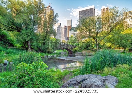 Gapstow Bridge in Central Park  in summer with flowers
