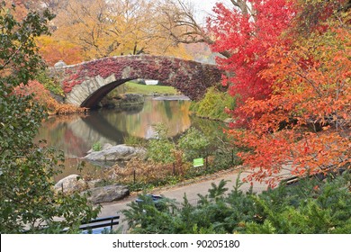 Gapstow Bridge On The Central Park Pond Covered In Red Ivy And Surrounded By Beautiful Fall Foliage In New York City