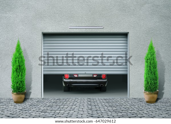 Garage concept. Garage doors are opened, and\
behind them is a car. 3d\
illustration
