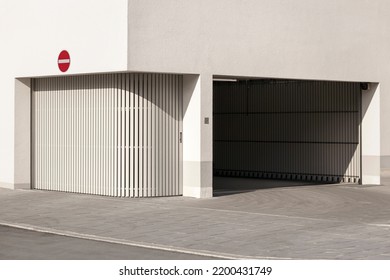 Garage Door To Underground Parking. Modern Entry Gate To Basement Parking Lot.