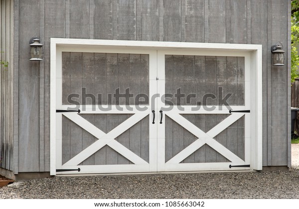 Garage Door White Trim Black Hardware Stock Photo Edit Now