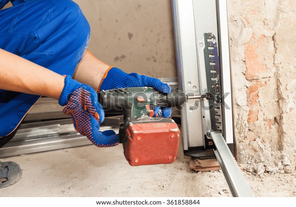 Garage Doors Installation Worker Use Automatic Stock Photo Edit