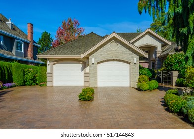 Garage, Garage Doors With Long Driveway.