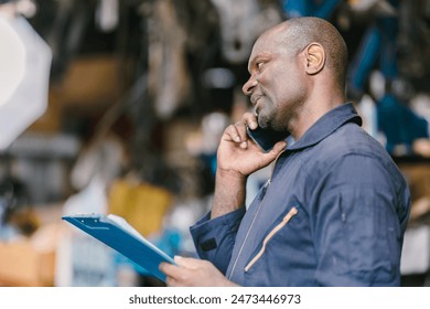 Garage male worker technician manager talking phone call with customer for service information. - Powered by Shutterstock