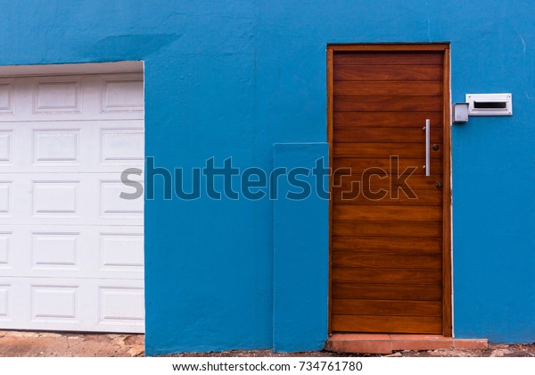 Garage Pedestrian Doors Blue Wall Double Stock Photo Edit Now