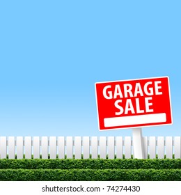Garage Sale sign on white fence and clear sky