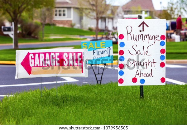 Garage Sale Signs On Lawn Suburban Stock Photo Edit Now 1379956505