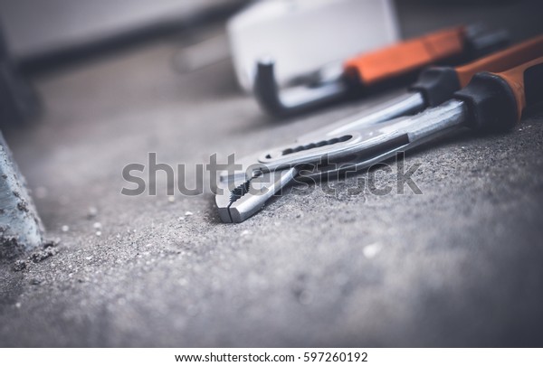 Garage Tools On Raw Concrete Floor Stock Photo Edit Now 597260192
