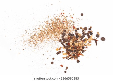 Garam masala, minced spice blend, mix black pepper, coriander, cumin, garlic granules, allspice, sea ​​salt, ground chili peppers, cinnamon, cloves grain, chopped ginger, bay leaves isolated on white - Powered by Shutterstock