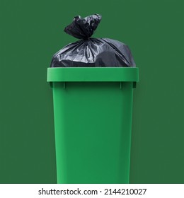 Garbage Bag In A Open Trash Bin, Waste Management And Recycling Concept