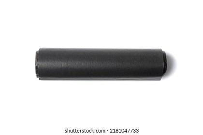 Garbage Bag Roll Isolated. Trash Package, New Rolled Plastic Bin Bags, Black Polyethylene Waste Container On White Background