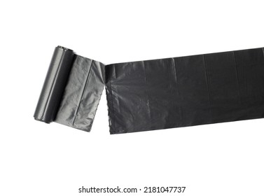 Garbage Bag Roll Isolated. Trash Package, New Rolled Plastic Bin Bags, Black Polyethylene Waste Container On White Background