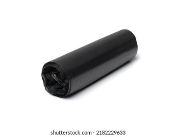 Garbage Bag Roll Isolated. Trash Package, New Rolled Plastic Bin Bags, Black Polyethylene Waste Container On White Background