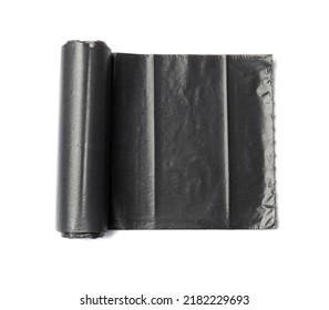 Garbage Bag Roll Isolated. Trash Package, New Rolled Plastic Bin Bags, Black Polyethylene Waste Container On White Background